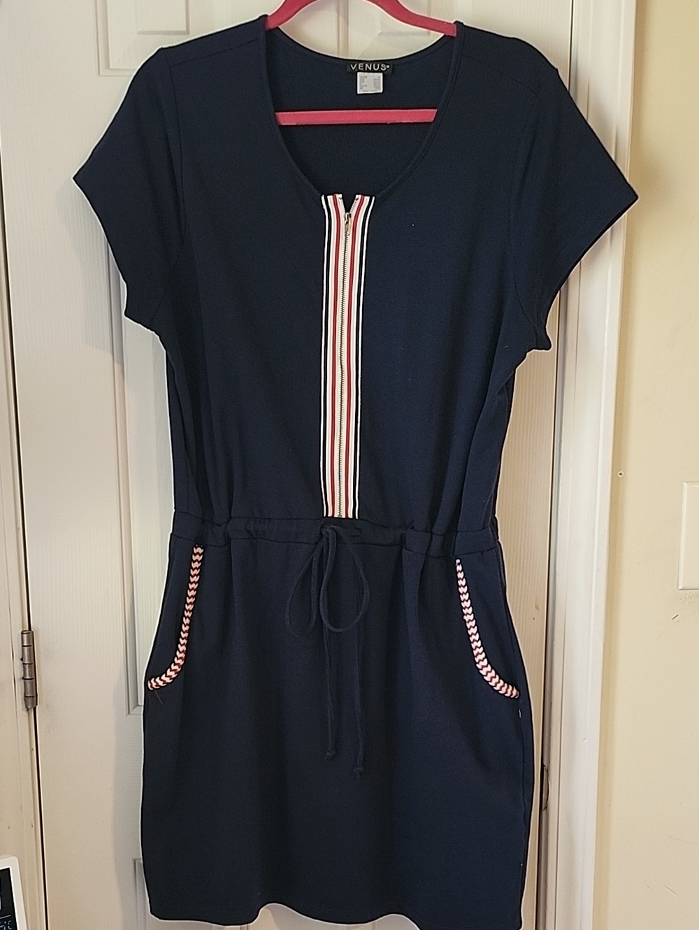 VENUS Navy Short Sleeve Drawstring Mini Dress with Red & White Stripe Trim